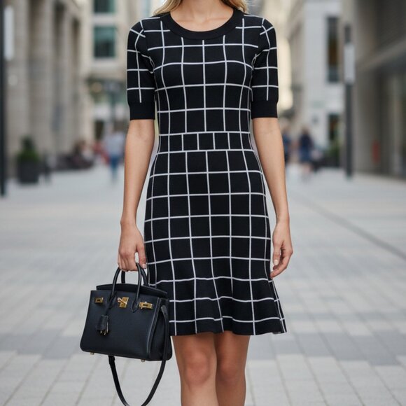 Milly Dresses & Skirts - MILLY Black & White Windowpane Knit A-Line Dress – Open Back – Size M